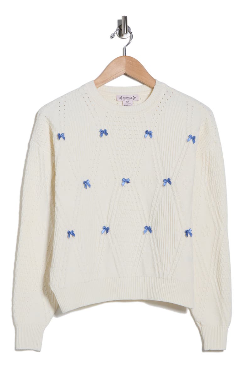 3D Bow Pointelle Sweater, Alternate, color, CANNOLI CREAM/ BLUE