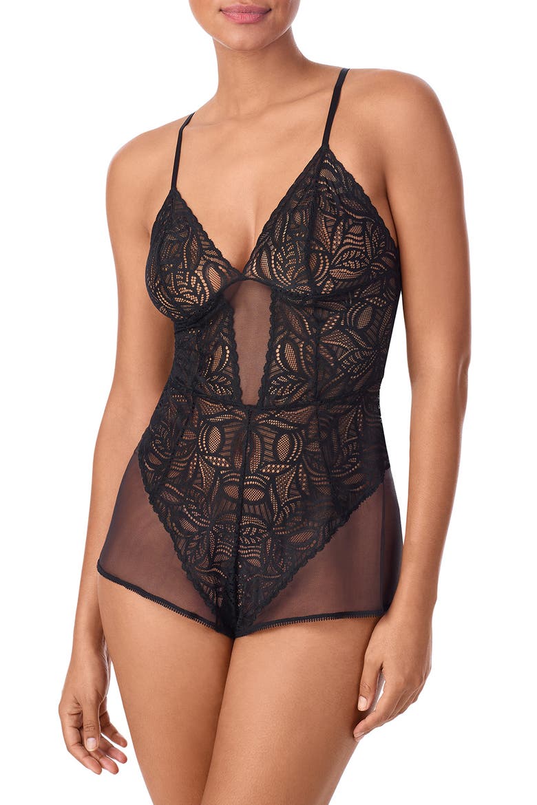 Deco Lace & Mesh Romper, Main, color, BLACK