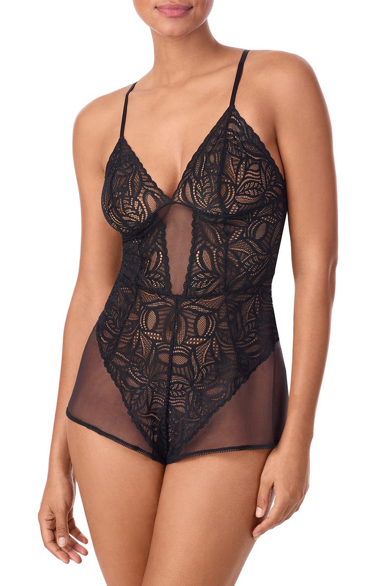 DKNY Deco Lace & Mesh Romper, Main, color, Black