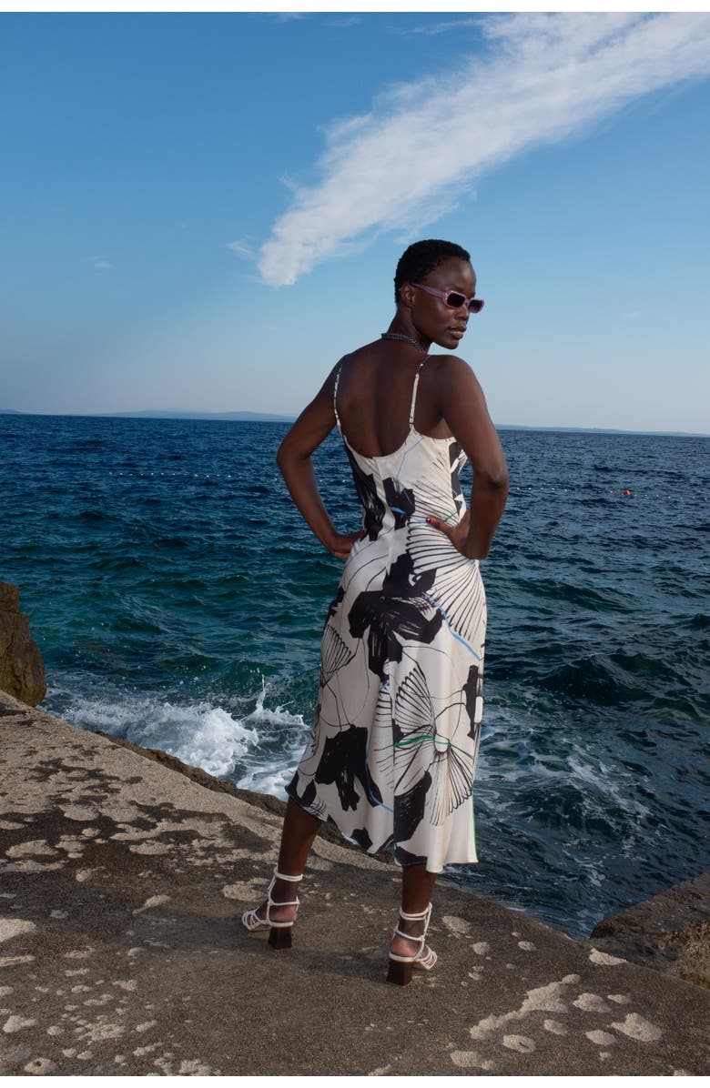 Untitled in Motion Desire Silky Printed Midi Slip Dress, Alternate, color, Ink Flower Cream