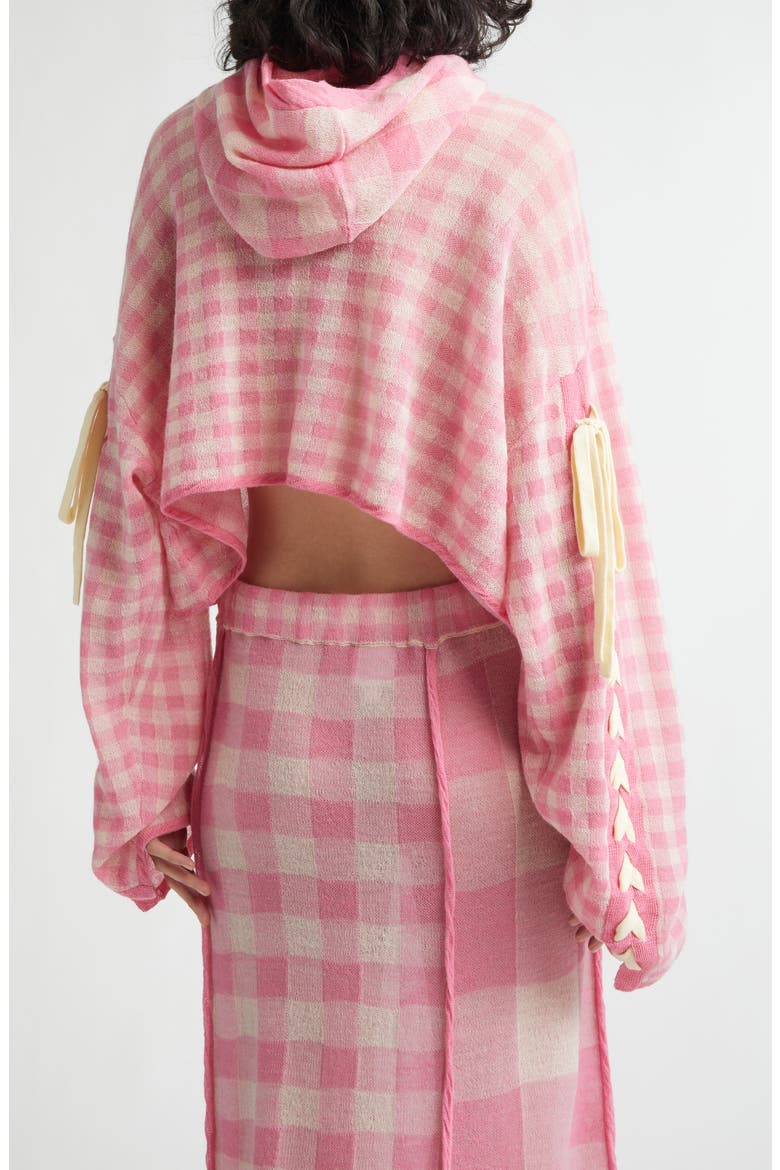Gingham Check Wool Cardigan with Removable Hood, Alternate, color, PINK