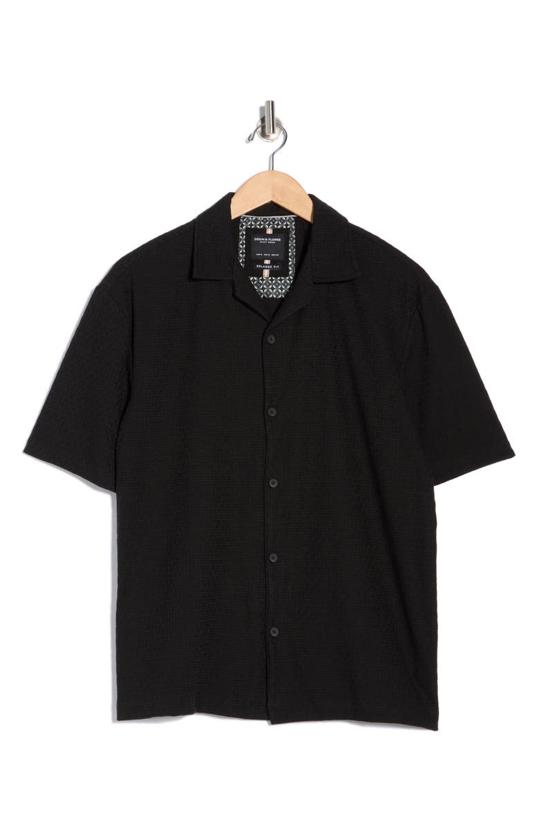 DENIM AND FLOWER Textured Knit Camp Shirt, Alternate, color, Black