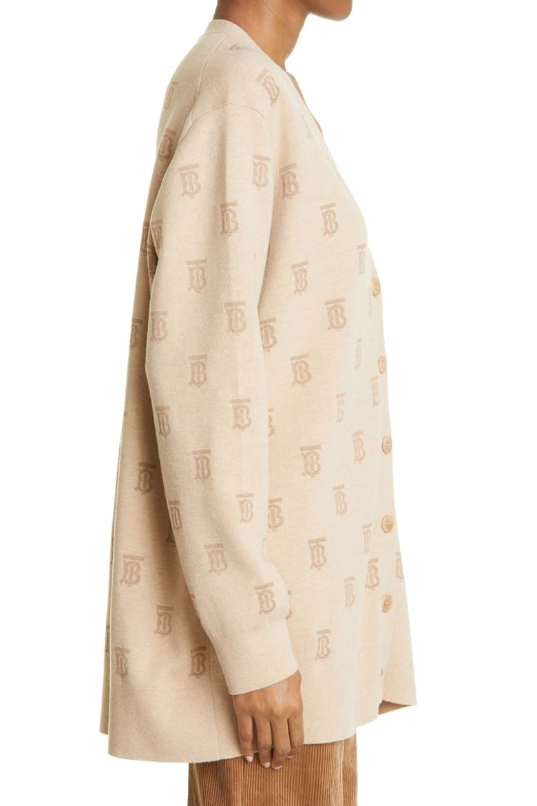 Women's Salena TB Logo Jacquard Wool & Silk Blend Cardigan, Alternate, color, LIGHT BEIGE MELANGE