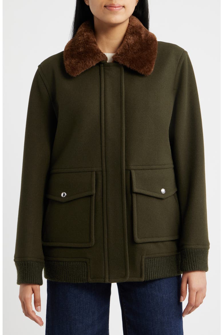 Relaxed Bomber Jacket with Faux Shearling Collar, Alternate, color, LODEN
