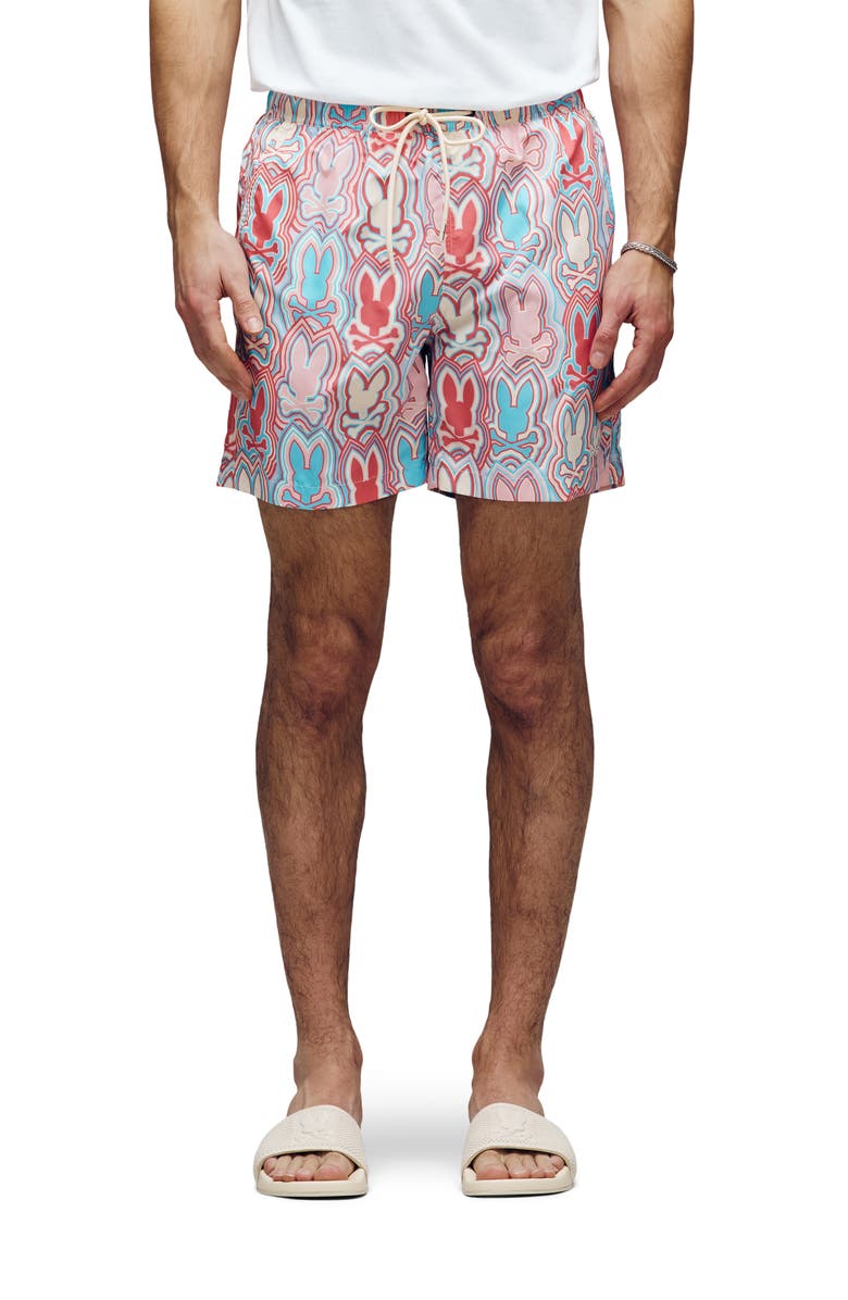 Psycho Bunny Chuck Bunny Print Swim Trunks, Main, color, 