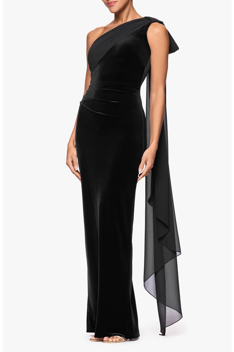 One-Shoulder Stretch Velvet Gown with Chiffon Sash, Alternate, color, BLACK