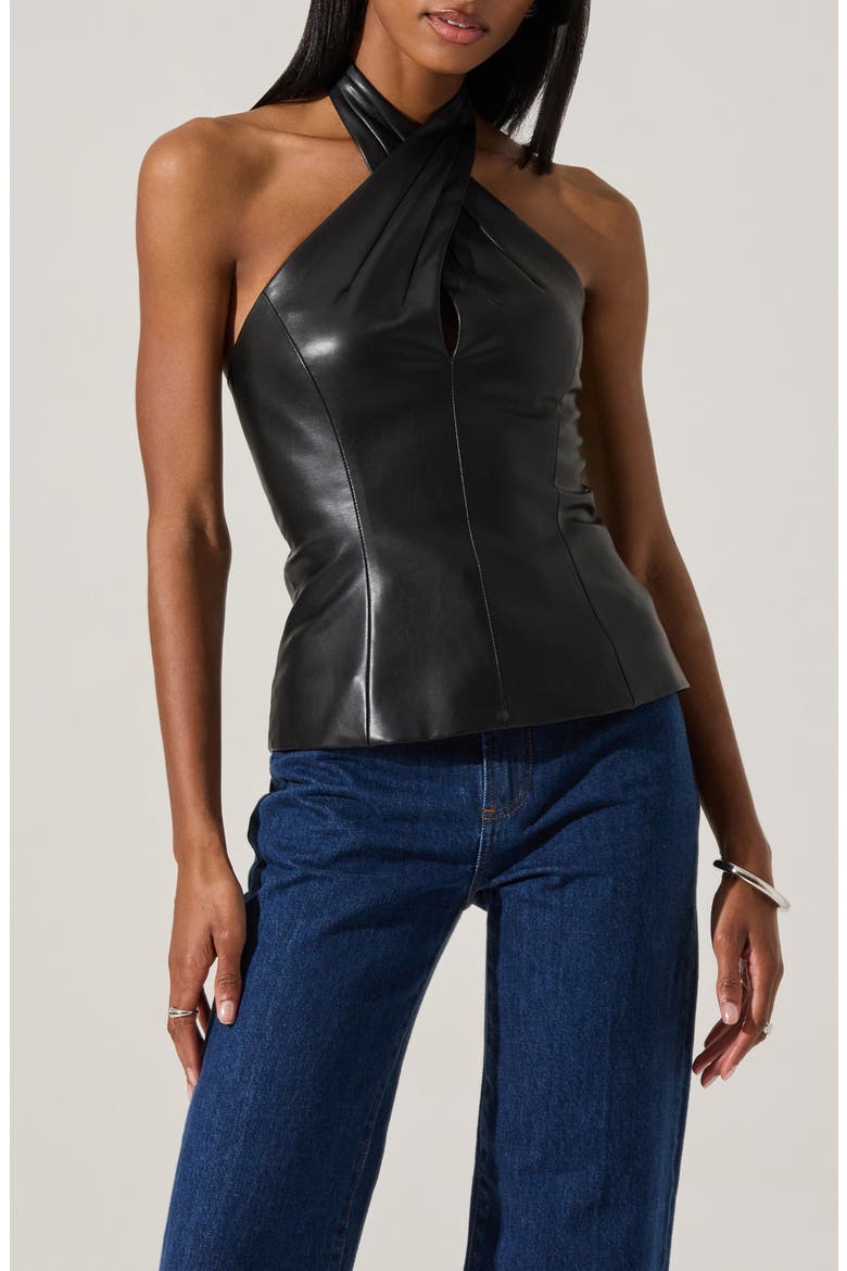 Yaritza Faux Leather Halter Top, Main, color, BLACK