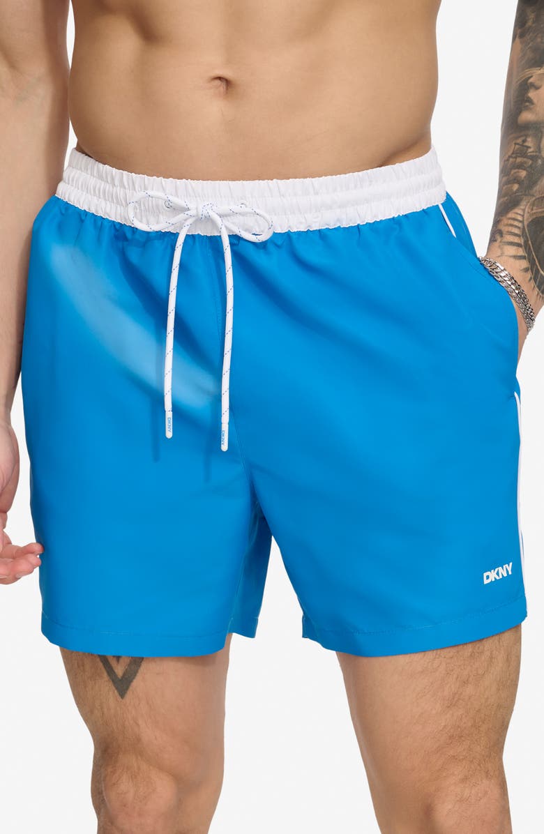 DKNY Two-Tone Swim Trunks, Main, color, Blue
