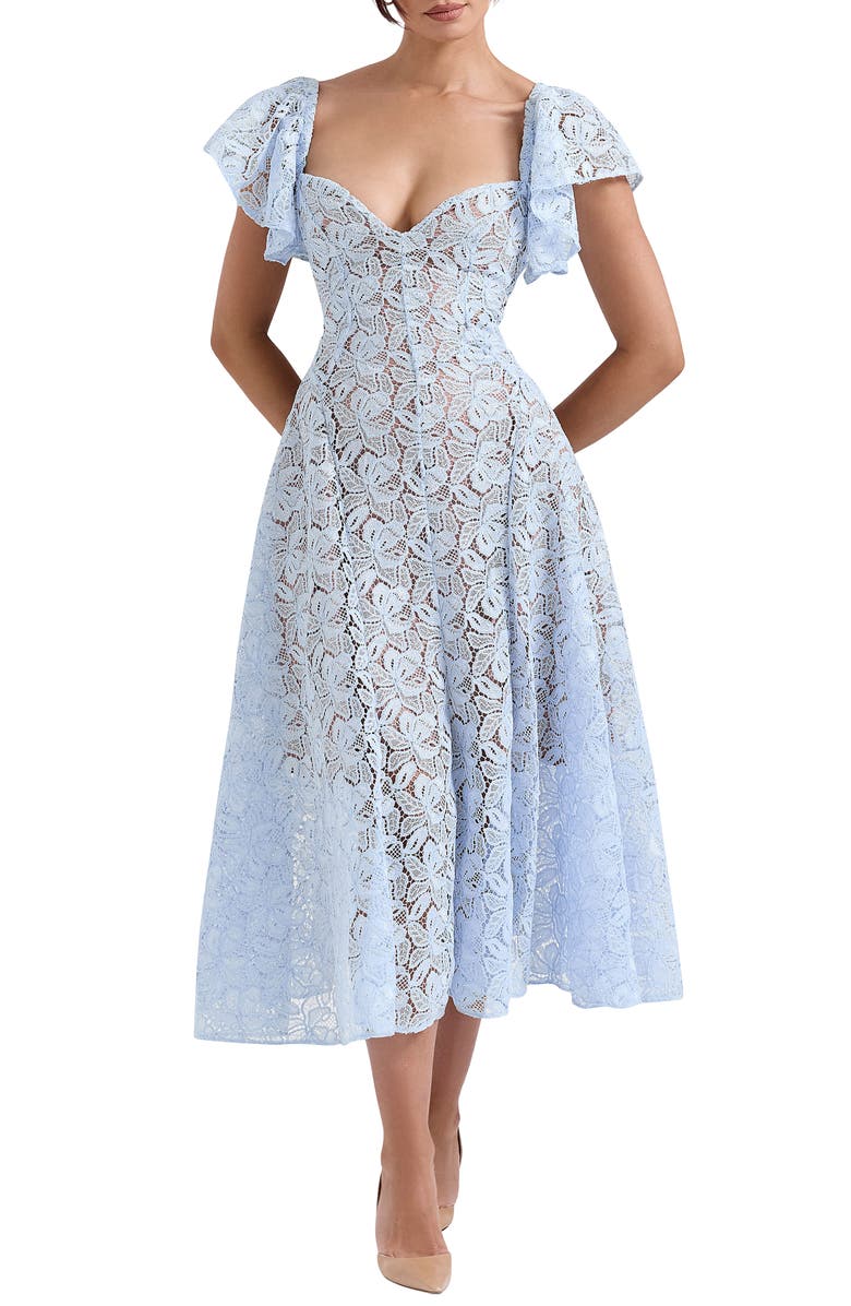 HOUSE OF CB Austen Lace Flutter Sleeves Midi Dress, Main, color, Ice Water