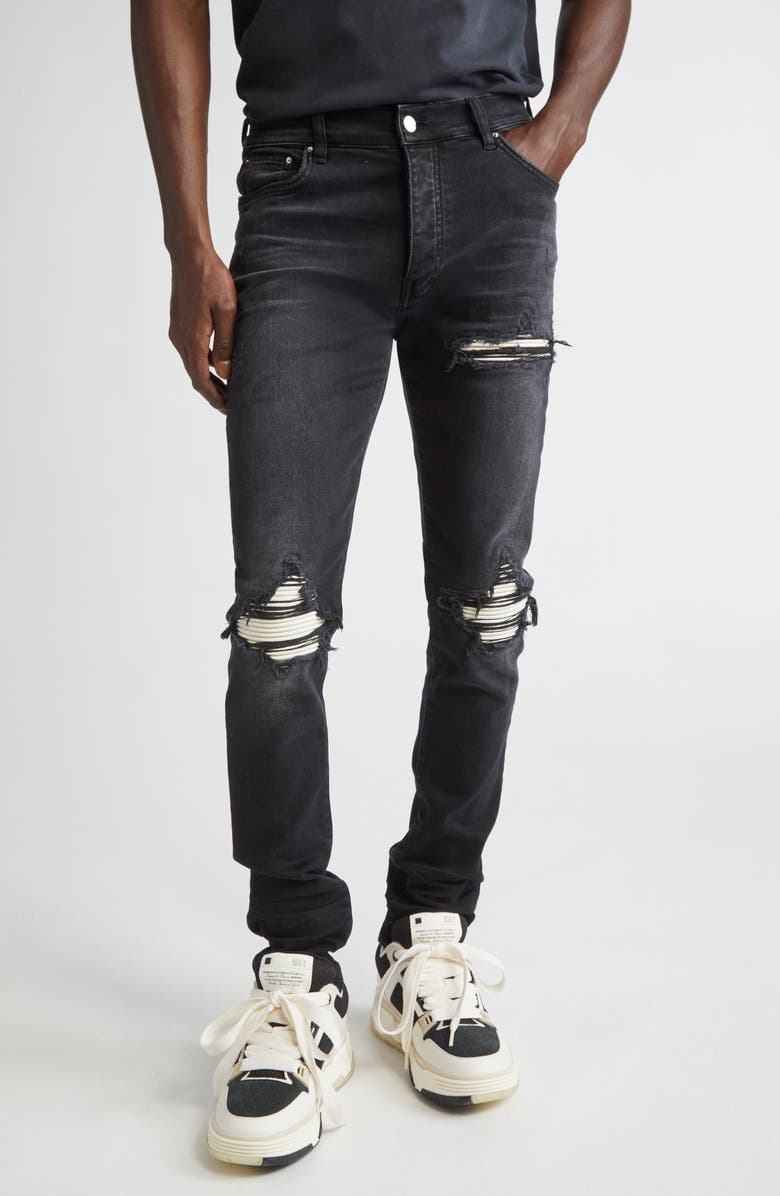 AMIRI MX1 Ultrasuede Patched Skinny Jeans, Main, color, Vintage Black