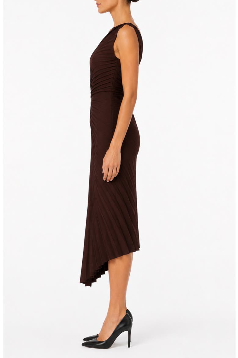 Satin Pleat One Shoulder Midi Dress, Alternate, color, CHOCOLATE