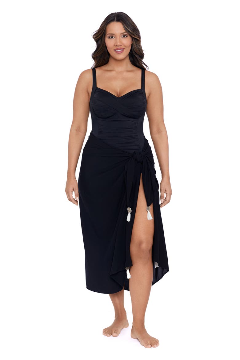 Adjustable Side Tie Tassel Pareo Swimsuit Coverup, Main, color, Black