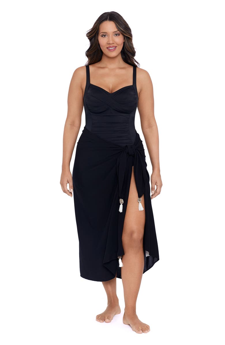 Trimshaper Adjustable Side Tie Tassel Pareo Swimsuit Coverup, Main, color, Black