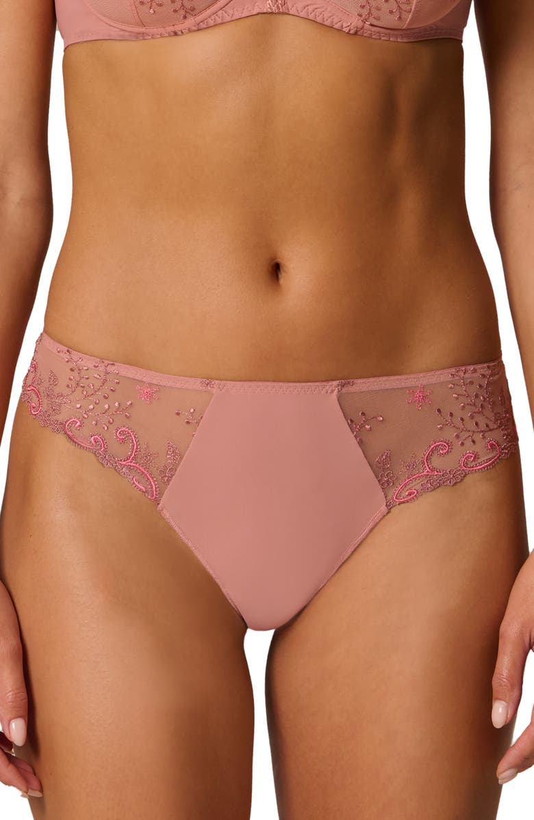 Simone Perele Delice Embroidered Thong, Main, color, Smokey Pink
