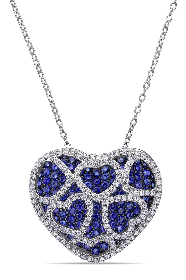 Sterling Silver Created Blue Sapphire & Created White Sapphire Heart Pendant Necklace, Main, color, BLUE