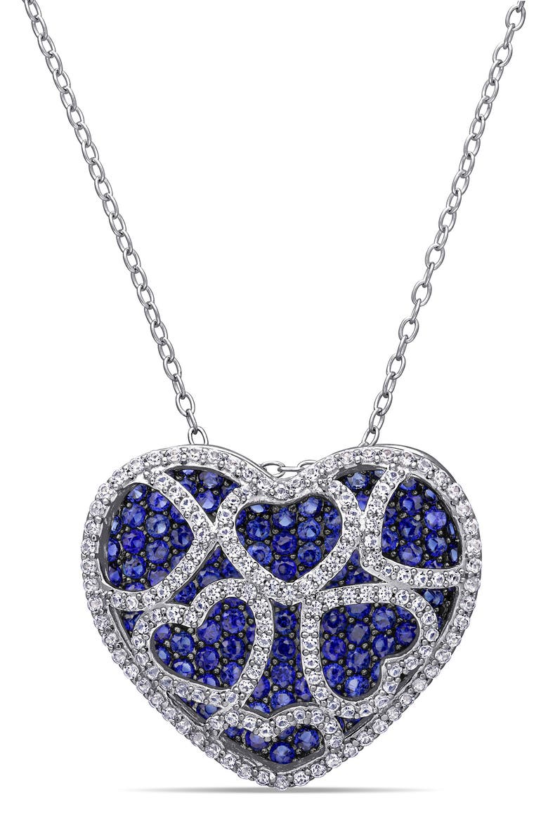 DELMAR Sterling Silver Created Blue Sapphire & Created White Sapphire Heart Pendant Necklace, Main, color, Blue