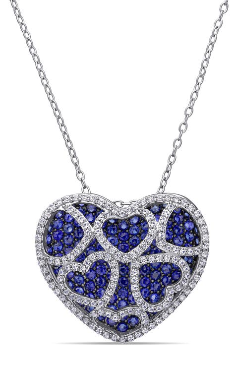 Sterling Silver Created Blue Sapphire & Created White Sapphire Heart Pendant Necklace