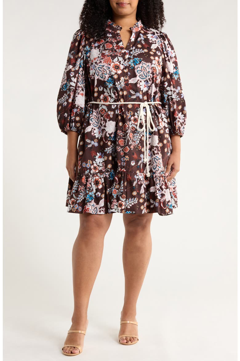 Journee Floral Jazlyn Tie Waist Dress, Main, color, BROWN