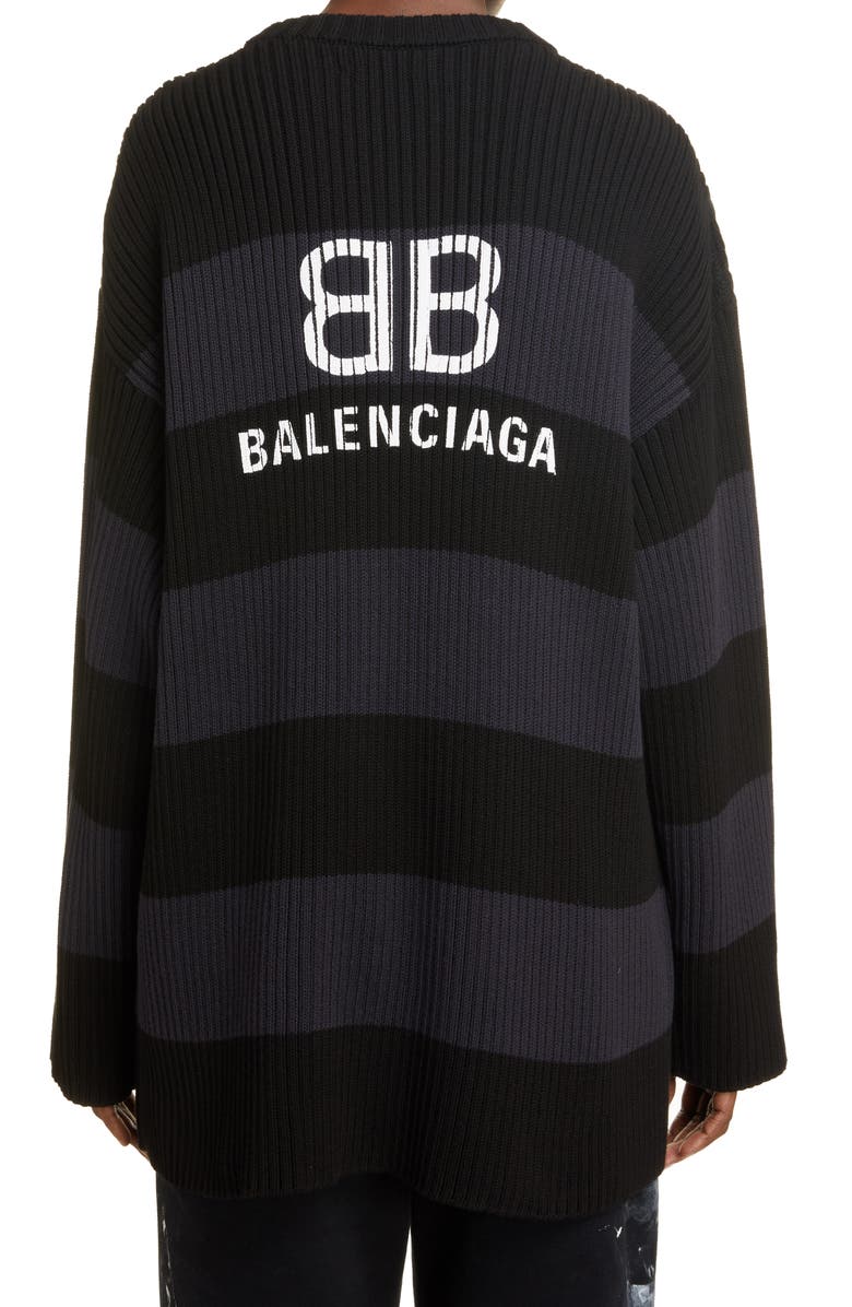 Balenciaga Stripe Logo Oversize Rib Cotton Sweater, Alternate, color, Ink/ Black