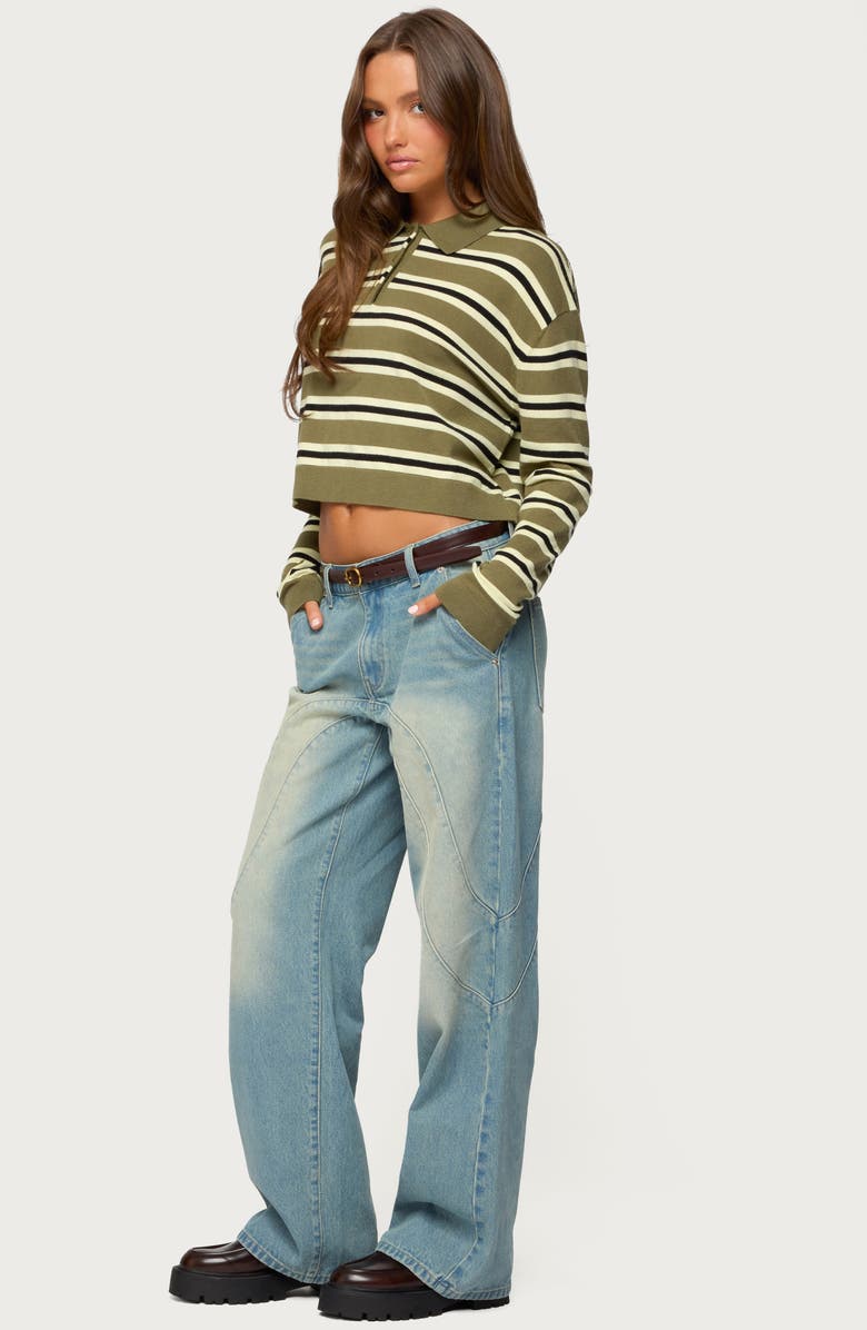 EDIKTED Shelby Stripe Crop Polo Sweater, Alternate, color, Olive