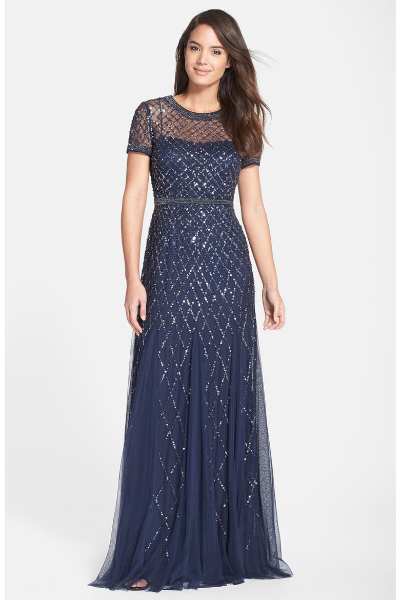 Beaded Mesh Gown, Main, color, NAVY