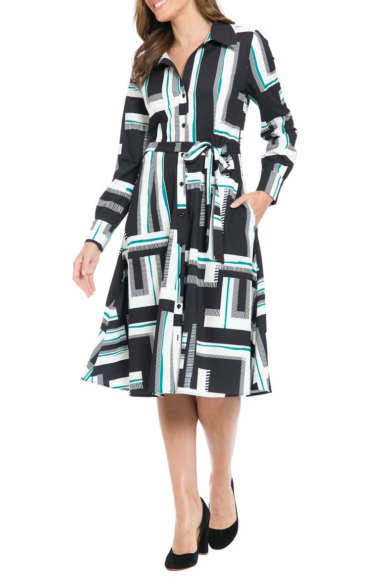 Tie Waist Long Sleeve Shirtdress, Main, color, BLACK/ S GREEN