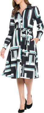 London Times Tie Waist Long Sleeve Shirtdress