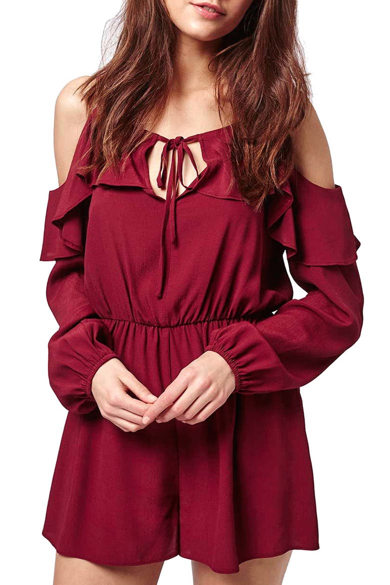 Ruffled Cold Shoulder Romper, Main, color, RED