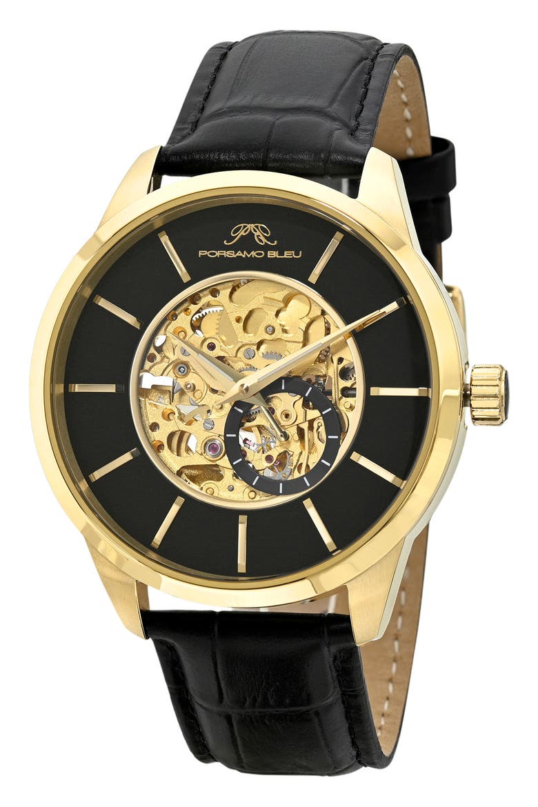 Cassius Automatic Leather Strap Watch, 45mm, Main, color, GOLD AND BLACK