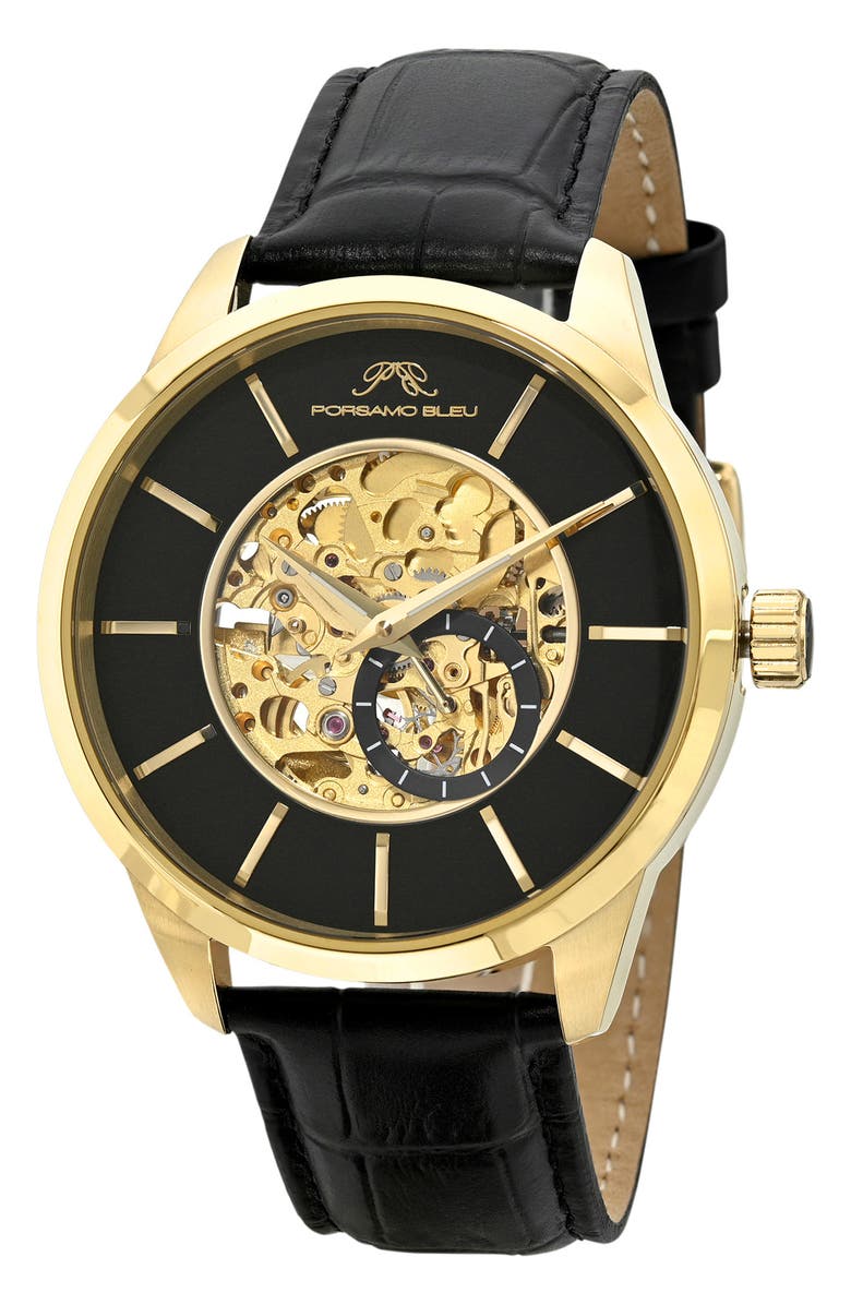 PORSAMO BLEU Cassius Automatic Leather Strap Watch, 45mm, Main, color, Gold And Black