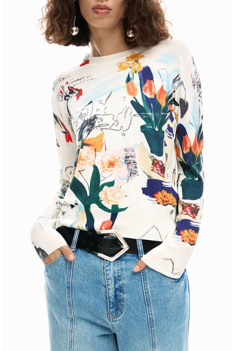 Floral Fine Gauge Crewneck Sweater, Main, color, LIGHT BEIGE