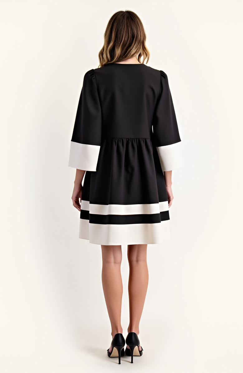 Modenaire Fit-and-Flare Contrast Trim V-Neck Cuffed Sleeve Mini Dress, Alternate, color, Black / White