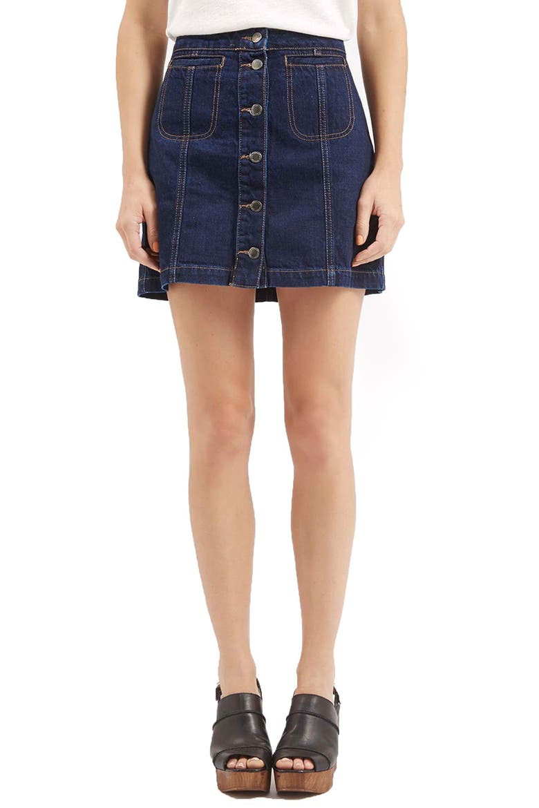 Button Front Denim Miniskirt, Main, color, MID DENIM