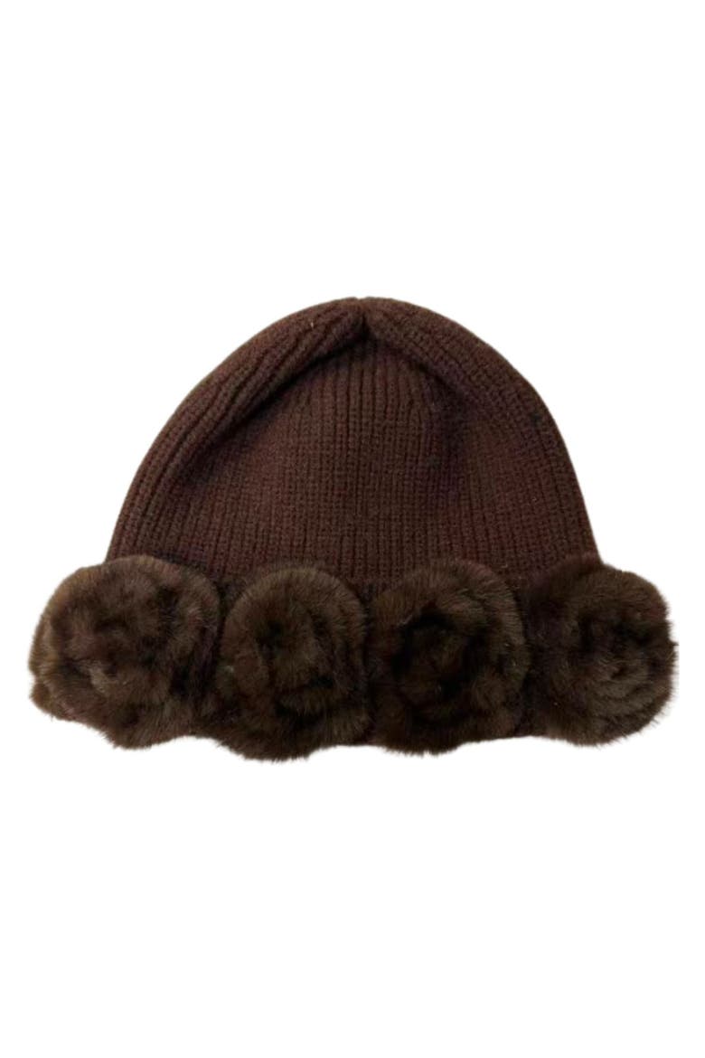 Faux Fur Rose Beanie, Main, color, BROWN
