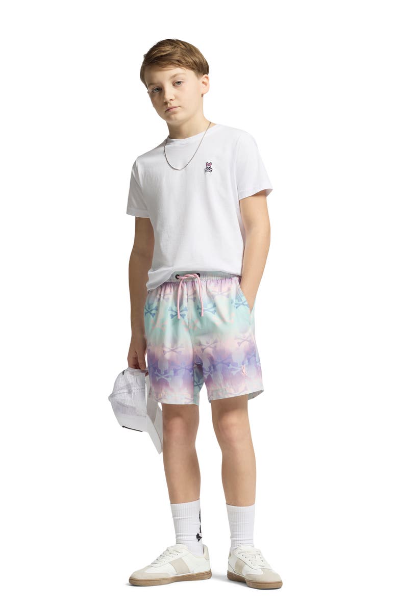 Psycho Bunny Kids' Forster Bunny Print Swim Trunks, Alternate, color, Lavender Gray