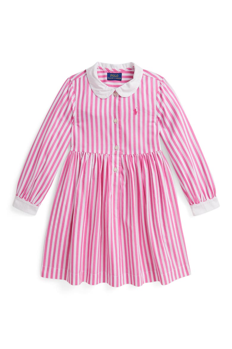 Kids' Stripe Long Sleeve Cotton Poplin Shirtdress, Main, color, DESERT PINK/ WHITE