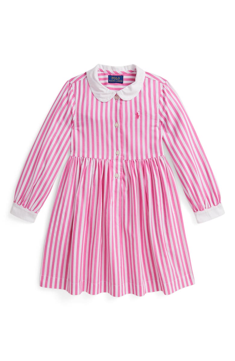 Polo Ralph Lauren Kids' Stripe Long Sleeve Cotton Poplin Shirtdress, Main, color, Desert Pink/ White