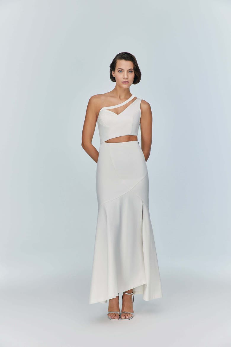 Ron Asymmetric White Denim Maxi Dress, Alternate, color, White