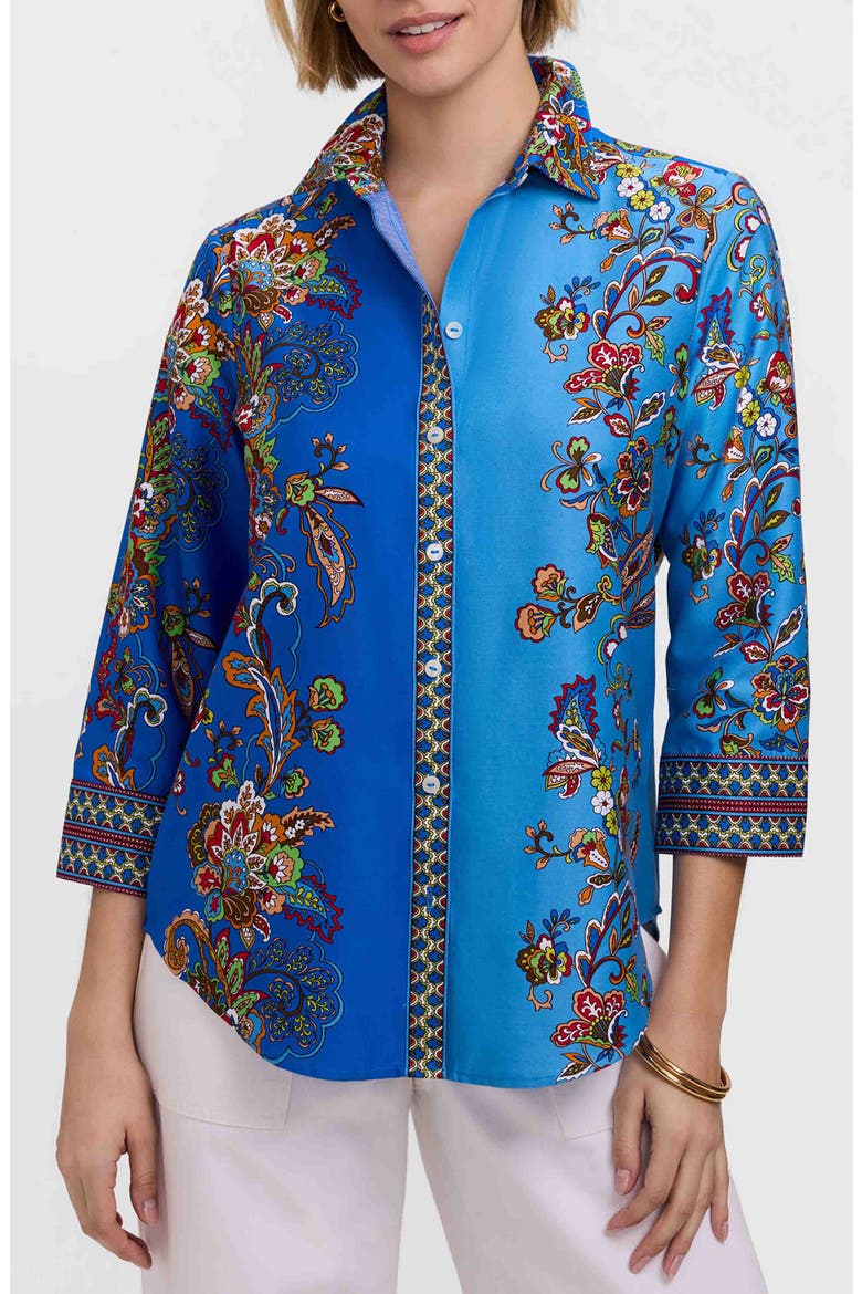 Margaret Floral Three-Quarter Sleeve Cotton Button-Up Shirt, Main, color, BLUE MULTI
