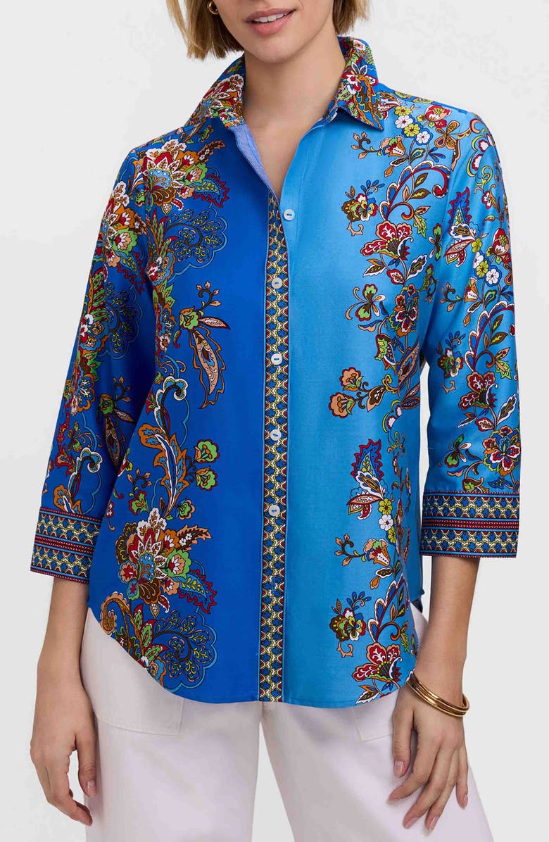 Foxcroft Margaret Floral Three-Quarter Sleeve Cotton Button-Up Shirt, Main, color, Blue Multi