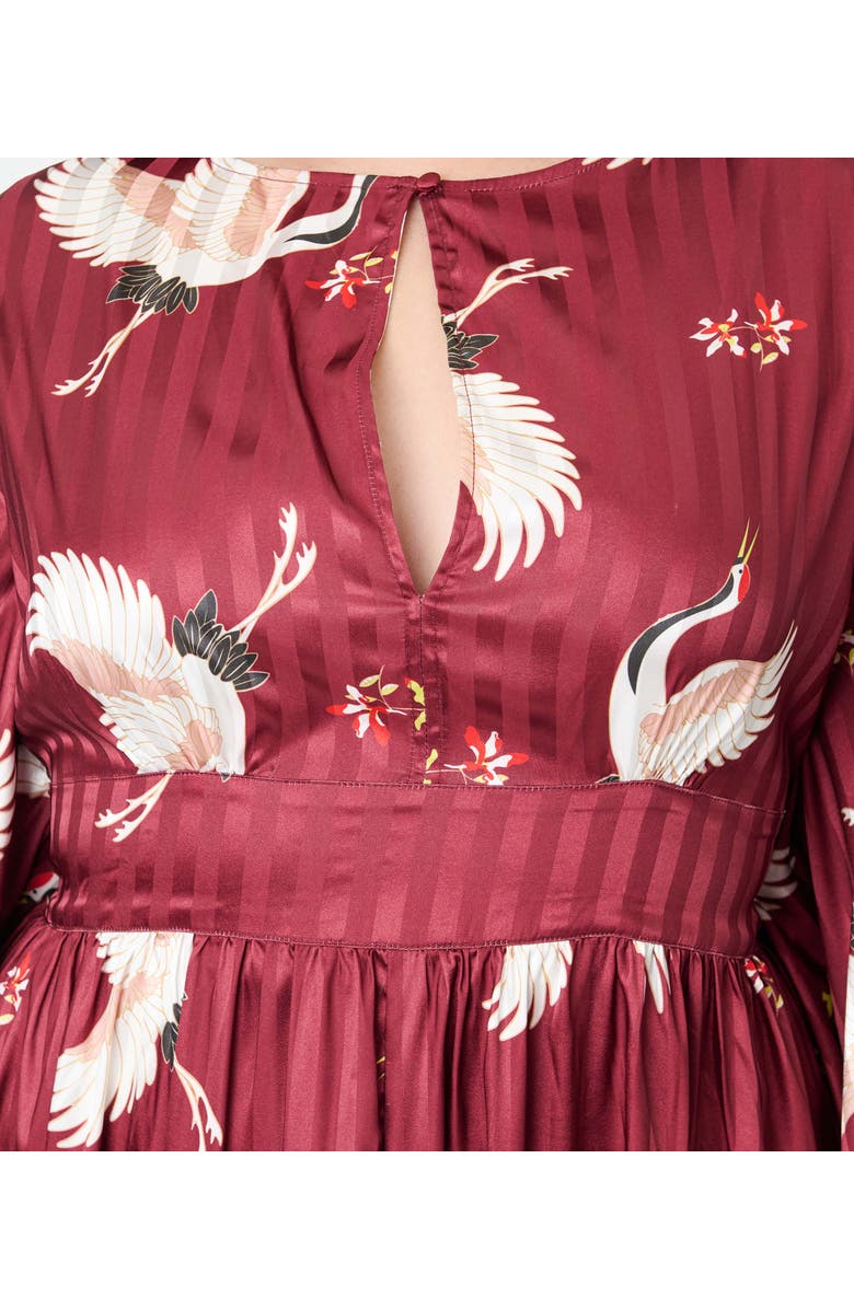 Unique Vintage Plus Size 1960s Flutter Sleeve Caftan, Alternate, color, Burgundy Crane Print