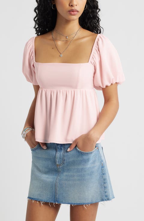 Print Bubble Sleeve Babydoll Top
