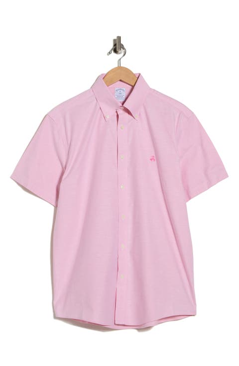 Regular Fit Solid Short Sleeve Non-Iron Stretch Cotton Button-Down Shirt