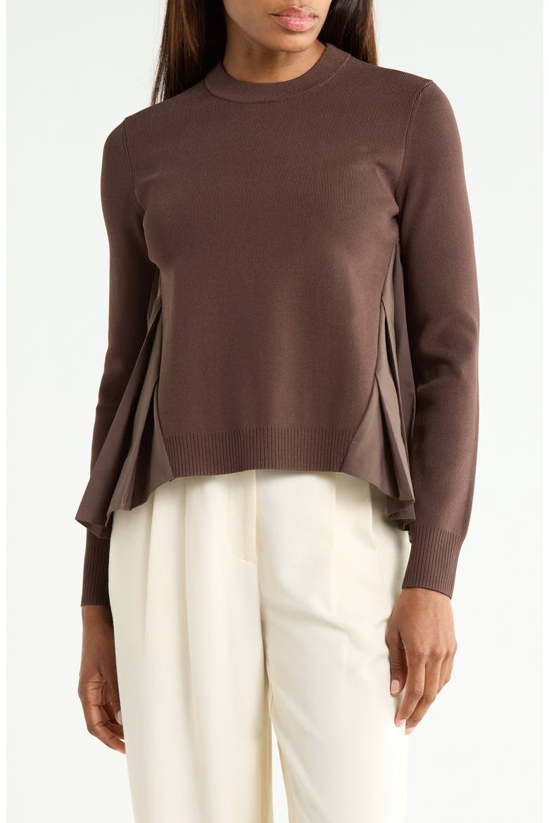 Elanore Mixed Media Pleated Top, Main, color, CHOCOLATE
