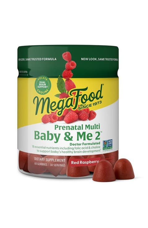Baby & Me 2 Prenatal Gummies for Women with Folic Acid and Choline, 60 Red Raspberry Gummies