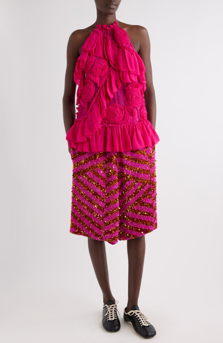Dries Van Noten Pomy Bis Sequin Embellished Stripe Wide Leg Drawstring Shorts, Alternate, color, Fuchsia