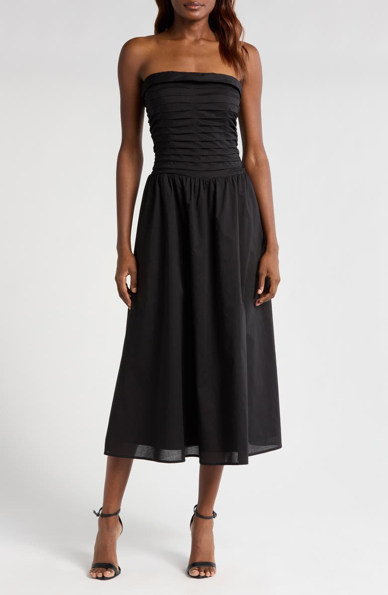WAYF Olivia Pleated Bodice Convertible Strapless Cotton Midi Dress, Main, color, 
