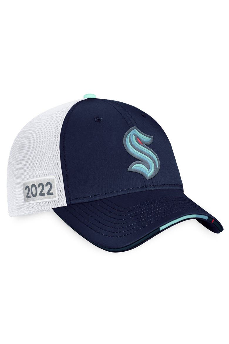 Men's Fanatics Branded Navy/White Seattle Kraken 2022 NHL Draft Authentic Pro On Stage Trucker Adjustable Hat, Main, color, Navy