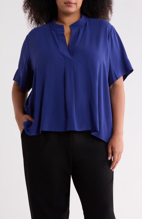 Split Neck Silk Short Sleeve Top