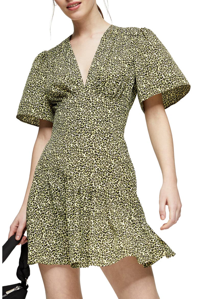 Flutter Sleeve Leopard Print Minidress, Main, color, LIME
